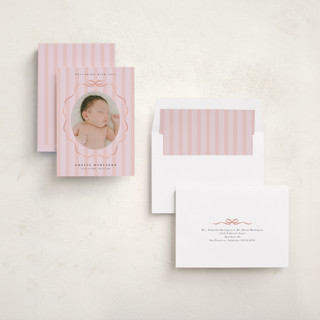 This is a peach birth announcements with standard by Lori Wemple called bows and stripes printing on recycled smooth signature in standard