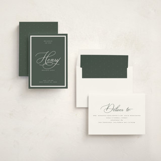This is a forest birth announcements with standard by Blustery August called welcome baby printing on signature in standard