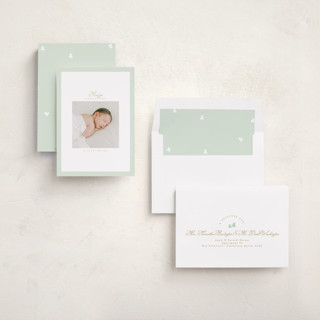 This is a minty birth announcements with standard by Phrosné Barwood called soft frame printing on recycled smooth signature in standard