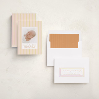 This is a peach birth announcements with standard by Ellen Schlegelmilch called patterned stripes printing on recycled smooth signature in standard