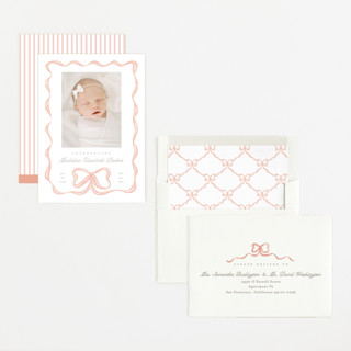 This is a peach birth announcements with standard by Creo Study called squiggle bow printing on recycled smooth signature in standard