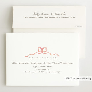 This is a peach birth announcements with standard by Creo Study called squiggle bow printing on recycled smooth signature in standard