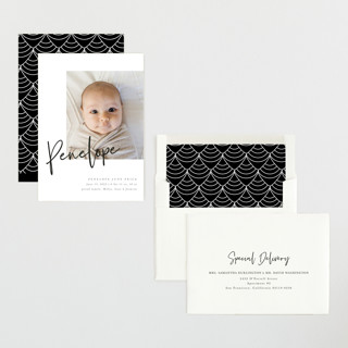 This is a blackboard birth announcements with standard by Amy Payne called clean lines printing on recycled smooth signature in standard