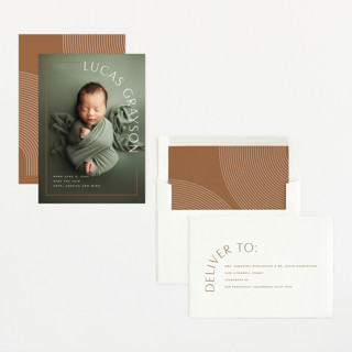 This is a copper birth announcements with standard by Lauren Chism called take shape printing on recycled smooth signature in standard