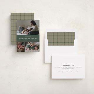 This is a eucalyptus birth announcements with standard by Wildfield Paper Co called quartzite printing on recycled smooth signature in standard