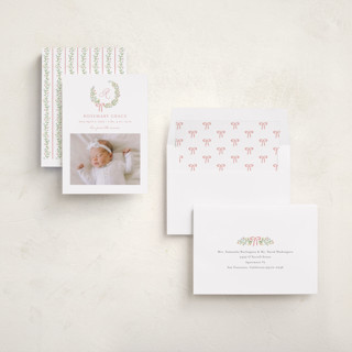 This is a watermelon birth announcements with standard by Katherine Moynagh called sweet monogrammed wreath printing on recycled smooth signature in standard