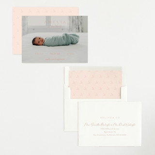 This is a coral birth announcements with standard by Sara Hicks Malone called vintage printing on recycled smooth signature in standard
