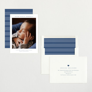 This is a cobalt birth announcements with standard by Stacey Meacham called simple name printing on recycled smooth signature in standard