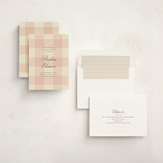 This is a blush birth announcements with standard by Ellen Schlegelmilch called sweet gingham printing on signature in standard