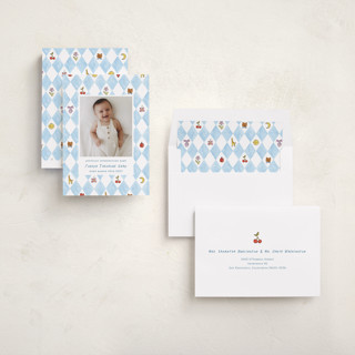 This is a sky birth announcements with standard by Sarah Knight called playtime printing on recycled smooth signature in standard