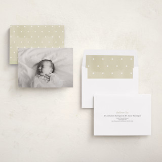 This is a linen birth announcements with standard by Ani Somi called sabine printing on recycled smooth signature in standard