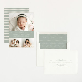 This is a fog birth announcements with standard by Laura Hankins called scallops printing on recycled smooth signature in standard