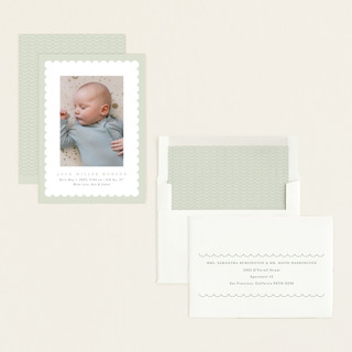 This is a moss birth announcements with standard by Nicoletta Savod called charmed printing on recycled smooth signature in standard