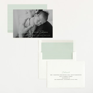 This is a sage birth announcements with standard by Bethan called handwriting printing on recycled smooth signature in standard