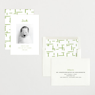 This is a greenery birth announcements with standard by AK Graphics called cursive printing on smooth signature in standard