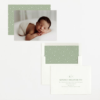 This is a sage birth announcements with standard by Sarah Curry called simply named printing on recycled smooth signature in standard