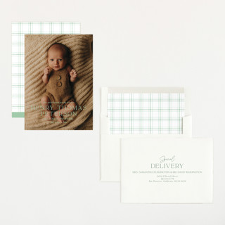 This is a mint birth announcements with standard by Melissa Egan of Pistols called refined printing on recycled smooth signature in standard