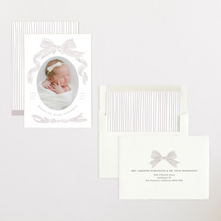 This is a stone birth announcements with standard by Stephanie Hawkes called ribbon bow frame printing on recycled smooth signature in standard