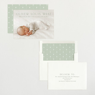 This is a moss birth announcements with standard by Julia Hall called our hearts printing on recycled smooth signature in standard