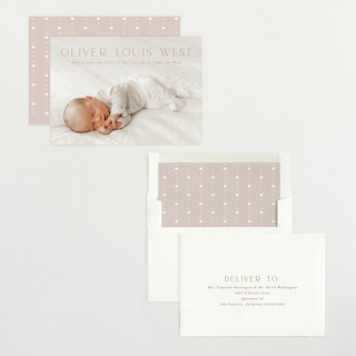 This is a clay birth announcements with standard by Julia Hall called our hearts printing on recycled smooth signature in standard