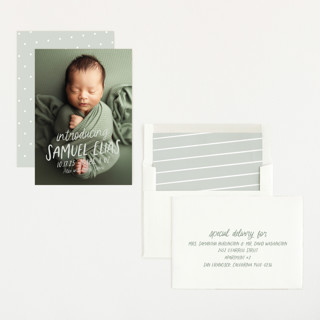 This is a sage birth announcements with standard by Lea Delaveris called all write printing on recycled smooth signature in standard