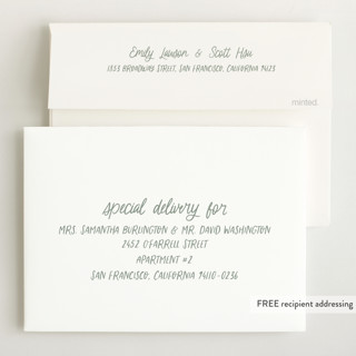 This is a sage birth announcements with standard by Lea Delaveris called all write printing on recycled smooth signature in standard
