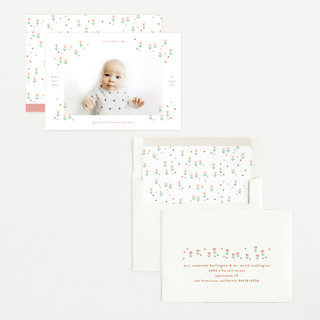 This is a spring birth announcements with standard by Phrosné Barwood called tiny blooms printing on recycled smooth signature in standard