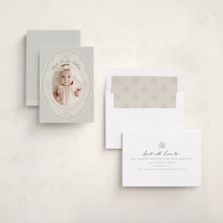 This is a powder birth announcements with standard by Vera Lim called vintage lace stripes printing on recycled smooth signature in standard