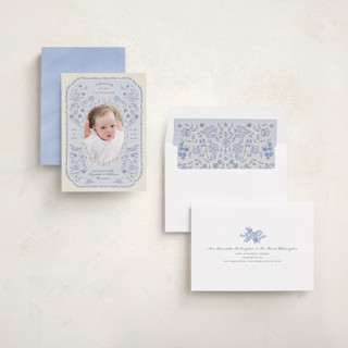 This is a delft birth announcements with standard by Grae called porcelain and lace printing on recycled smooth signature in standard