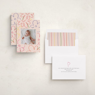 This is a blush birth announcements with standard by Morgan Kendall called spring flowers printing on recycled smooth signature in standard