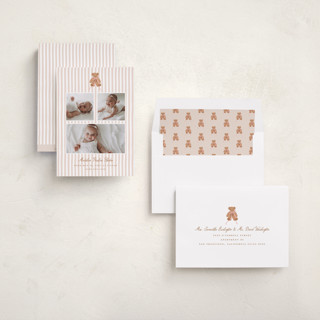 This is a pinky birth announcements with standard by Erin German called teddy bear stripes printing on recycled smooth signature in standard
