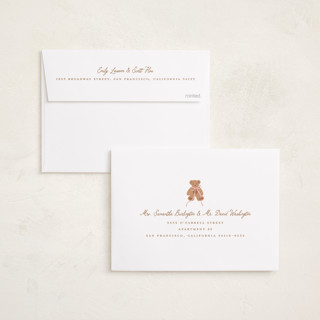 This is a pinky birth announcements with standard by Erin German called teddy bear stripes printing on recycled smooth signature in standard