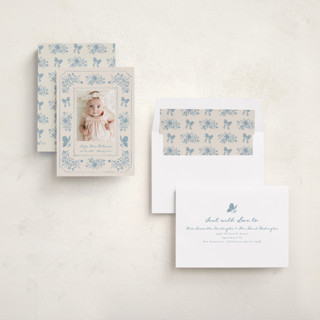 This is a duck egg birth announcements with standard by Vera Lim called vintage love printing on recycled smooth signature in standard