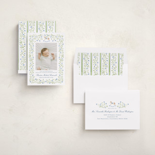 This is a cornflower birth announcements with standard by Sarah Knight called theodore printing on recycled smooth signature in standard