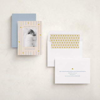 This is a carribean birth announcements with standard by Carolyn MacLaren called lemon stripes printing on recycled smooth signature in standard