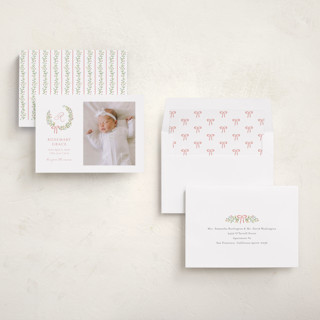 This is a watermelon birth announcements with standard by Katherine Moynagh called sweet monogrammed wreath printing on recycled smooth signature in standard