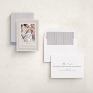 This is a cornflower birth announcements with standard by Erica Krystek called petite pinstripe printing on recycled smooth signature in standard