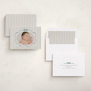 This is a lagoon birth announcements with standard by Lori Wemple called bows and stripes printing on recycled smooth signature in standard