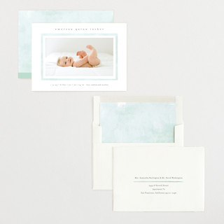This is a mint birth announcements with standard by Lauren Chism called golightly printing on recycled smooth signature in standard