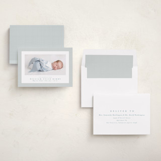 This is a powder birth announcements with standard by Lea Delaveris called linen frame printing on recycled smooth signature in standard