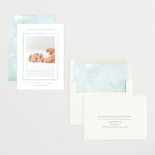This is a mint birth announcements with standard by Lauren Chism called golightly printing on recycled smooth signature in standard