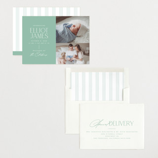 This is a mint birth announcements with standard by Jessica Corliss called announcing elegance printing on recycled smooth signature in standard