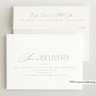 This is a mint birth announcements with standard by Jessica Corliss called announcing elegance printing on recycled smooth signature in standard