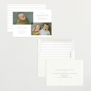 This is a sand birth announcements with standard by Emily Betts called handsome two printing on recycled smooth signature in standard