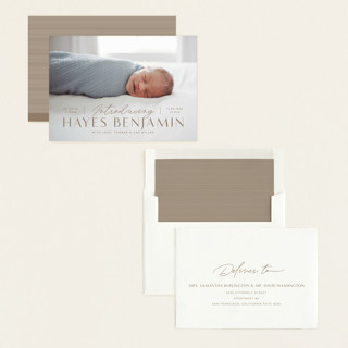 This is a caramel birth announcements with standard by Michelle Taylor called typographic mix printing on recycled smooth signature in standard
