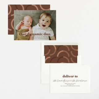 This is a wood birth announcements with standard by Corinne Malesic called dynamic duo printing on recycled smooth signature in standard