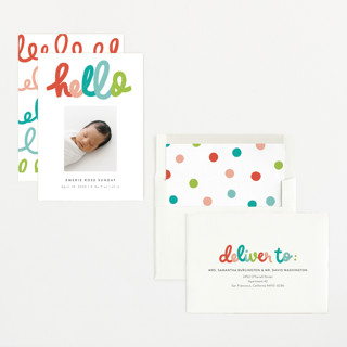 This is a dream birth announcements with standard by Stephanie Hawkes called hello doodle printing on recycled smooth signature in standard