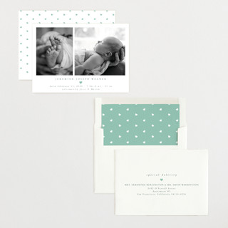 This is a seafoam birth announcements with standard by Emily Sabol Goss called effortless printing on recycled smooth signature in standard