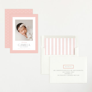 This is a rose birth announcements with standard by Robert and Stella called sweet scallop printing on recycled smooth signature in standard