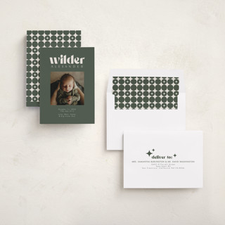 This is a forest birth announcements with standard by Kristen Knechtel called big type printing on recycled smooth signature in standard
